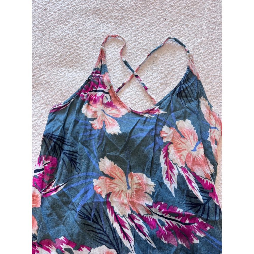 Roxy Tropical Hibiscus Floral Mini Dress Teal Pink Cross Back Summer Size Small